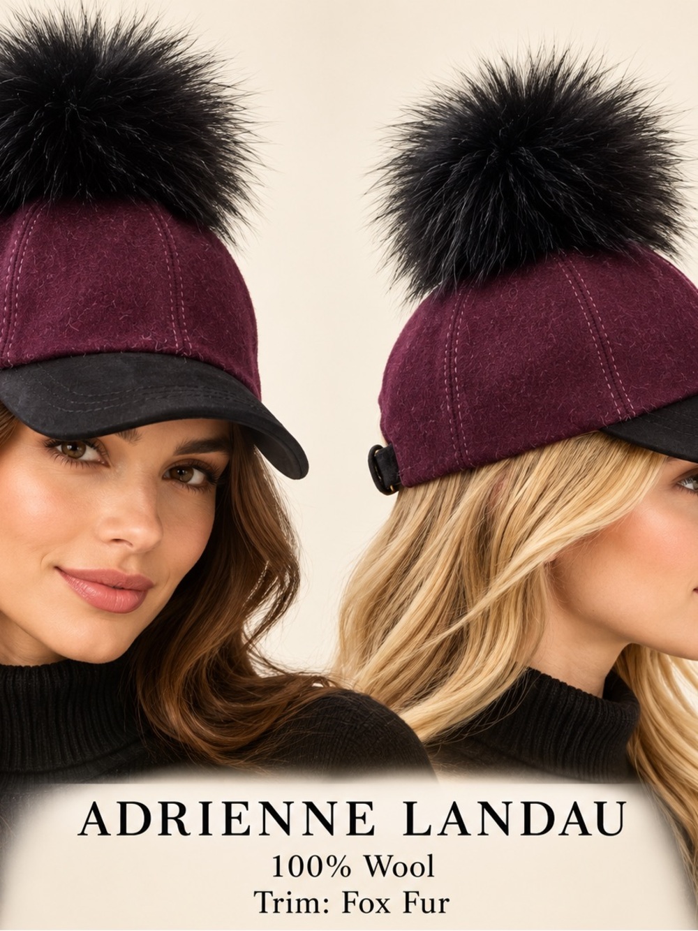Adrienne Landau Burgundy Wool Cap with Black Fox Fur Pom
